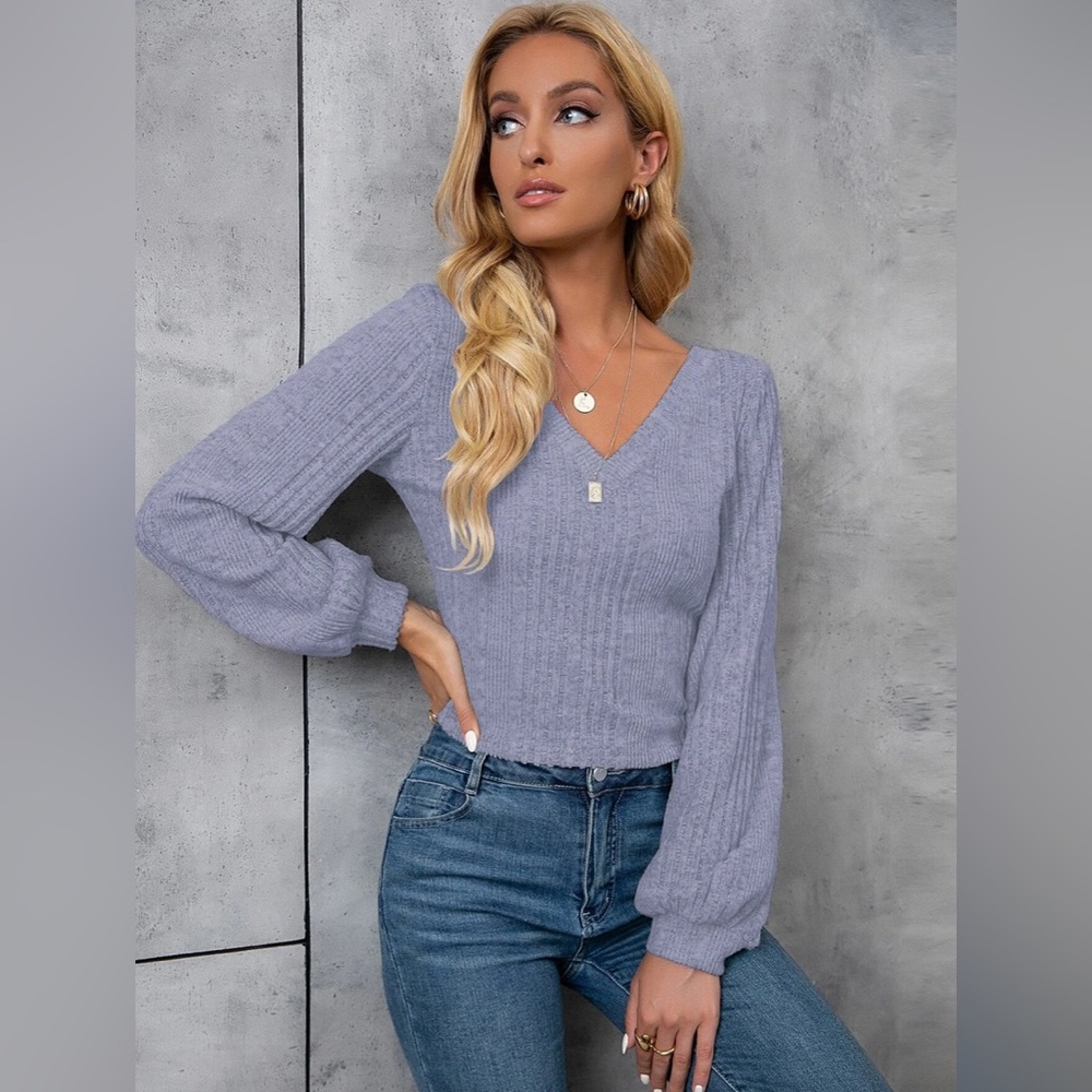 Solid Lantern Sleeve V Neck Rib Knit Sweater